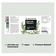 Natural Elements Iron 20 mg (Made of Iron Bisglycinate) per Capsule - With 42 mg Natural Vitamin C - Vegan